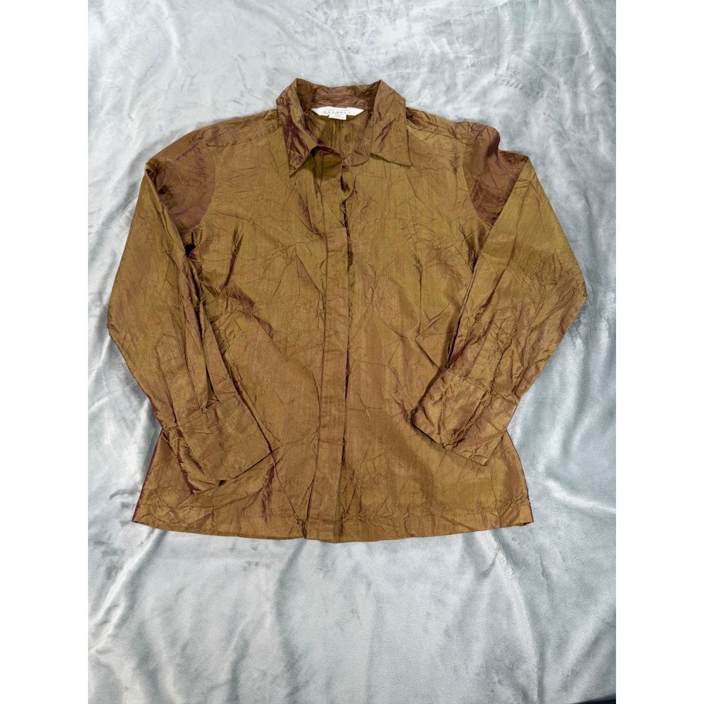 Vintage Express 100% Silk Bronze Button Front Blouse Womens 5/6 Y2K Career